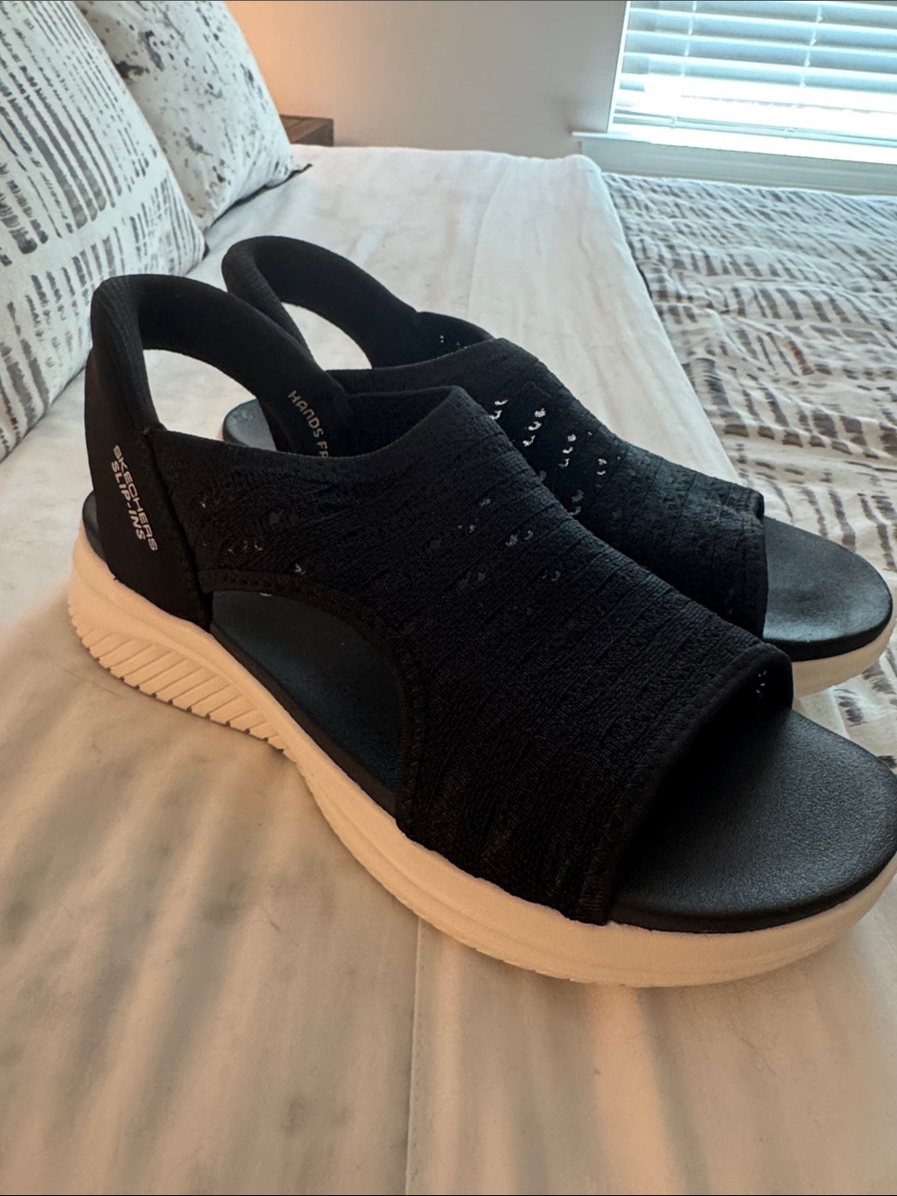 Skechers Black Knit Open-Toe Sandals with White Sole